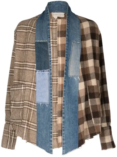 Greg Lauren patchwork checked open-front jacket - Brown