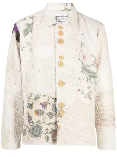 By Walid embroidered-patchwork cotton shirt jacket - Neutrals