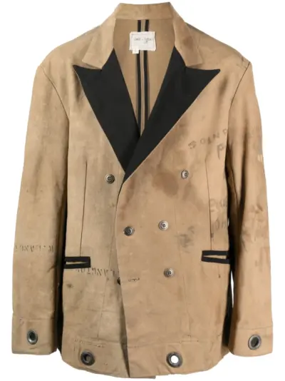 Greg Lauren stamp-print double-breasted coat - Brown