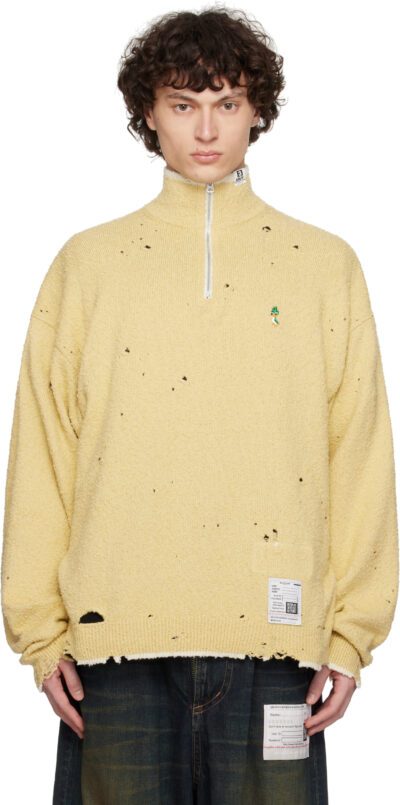 Maison MIHARA YASUHIRO Yellow Distressed Knit Half Zip Sweater