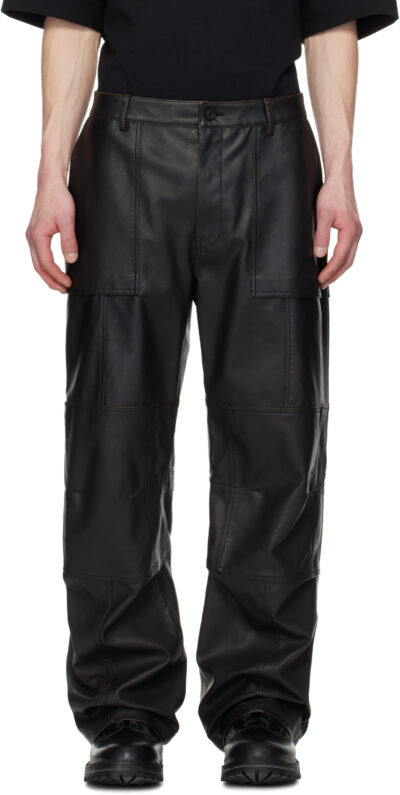 Juun.J Black Knee Tuck Faux-Leather Pants