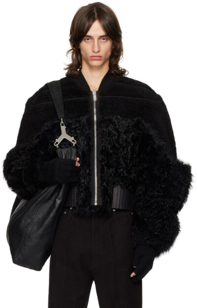 Rick Owens Black Porterville Girdered Reversible Shearling Bomber Jacket