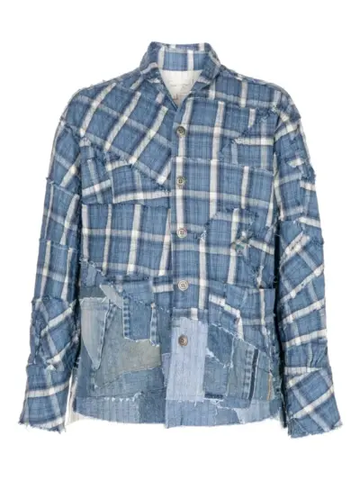 Greg Lauren patchwork checked shirt - Blue