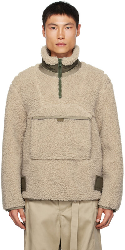 sacai Beige Half-Zip Faux-Shearling Jacket