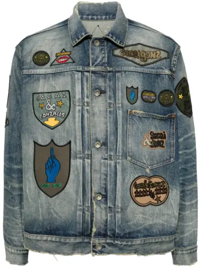 sacai patch-embellished button-up denim jacket - Blue
