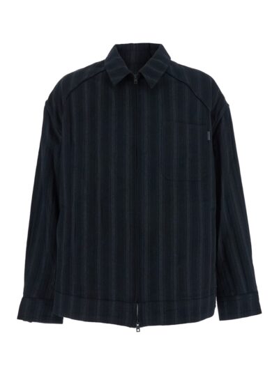 Juun. J Black Jacket With Classic Collar And All-over Stirped Motif In Wool And Cotton Blend Man