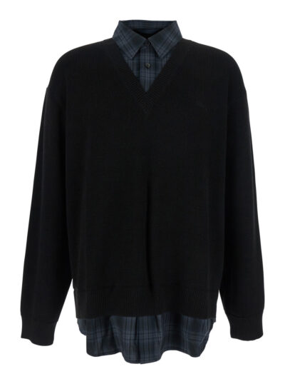 Juun. J Black Sweater With Layered Design And Classic Collar In Cotton And Wool Blend Man