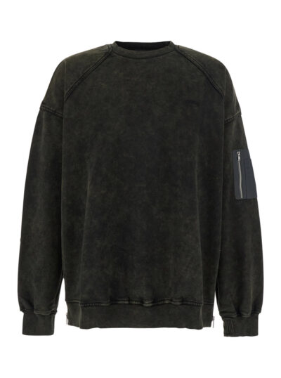Juun. J Khaki Green Crewneck Sweater With Zip Pocket On The Sleeve In Cotton Man