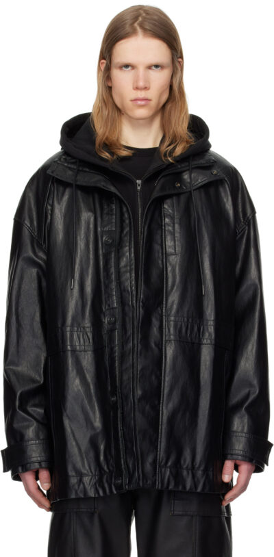 Juun.J Black Hood Detachable Car Faux-Leather Coat