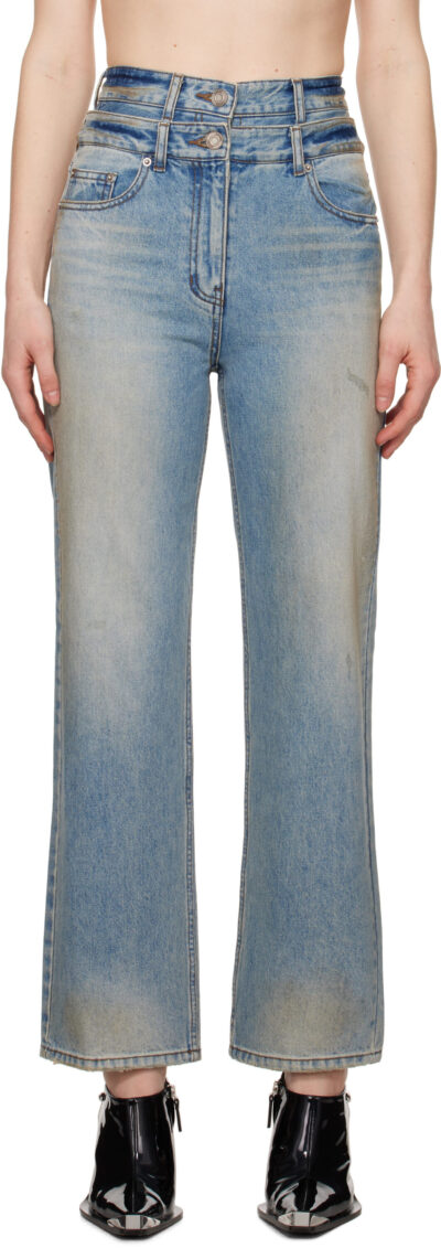 Juun.J Blue Double Waist Dirty Jeans