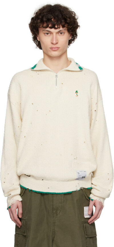 Maison MIHARA YASUHIRO Off-White Distressed Knit Half Zip Sweater