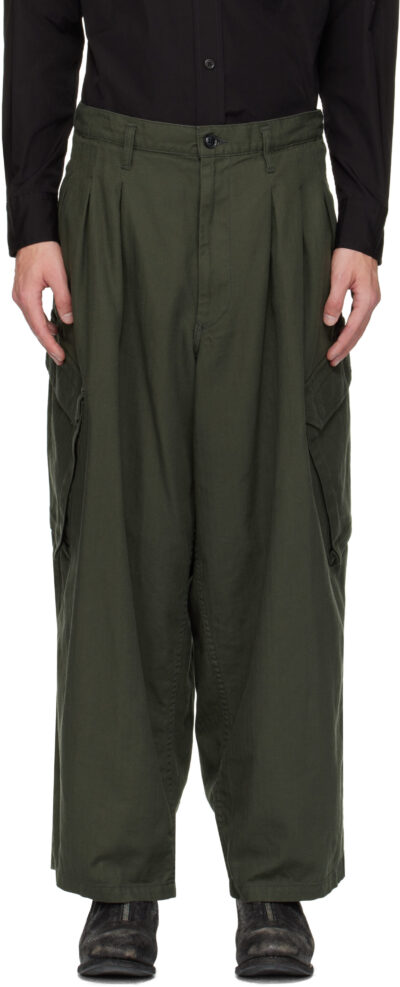 YOHJI YAMAMOTO Khaki BS Herringbone 12Tuck Cargo Pants