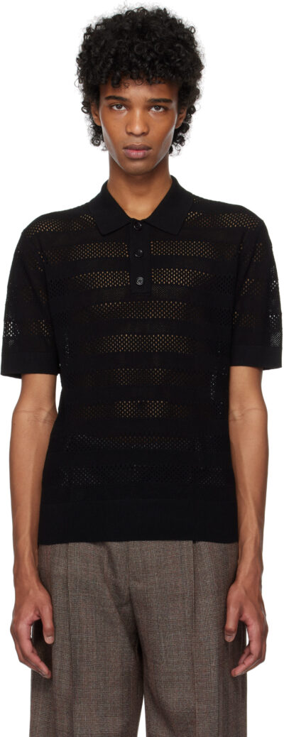 Dries Van Noten Black Open-Knit Polo