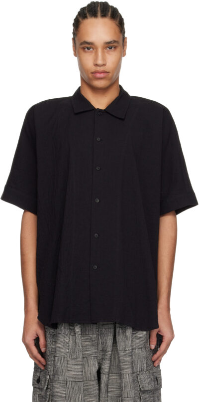 Jan-Jan Van Essche Black O-Project Cotton Linen Seersucker Short Sleeve Shirt