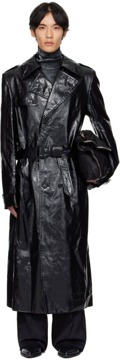 MM6 Maison Margiela Black Shiny Coated Linen Coat