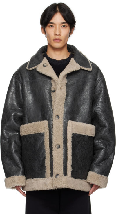MM6 Maison Margiela Black & Beige Crackled Reversible Shearling Jacket