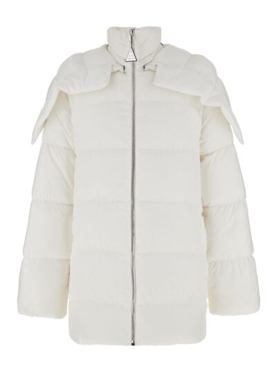 Moncler + Rick Owens cyclopic White Down Jacket With Removable Hood And Logo Patch In Tech Fabric Man