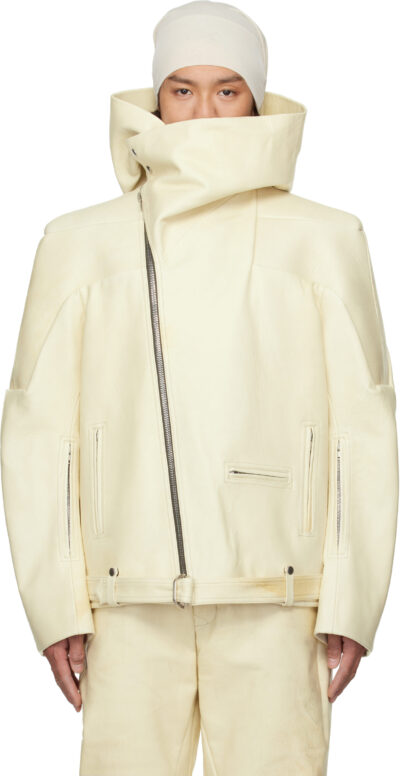 Rick Owens Beige Hollywood Hooded Stooges Leather Jacket