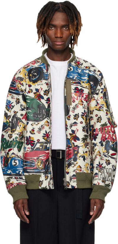 sacai Multicolor Car Race Tropical Print Bomber Jacket