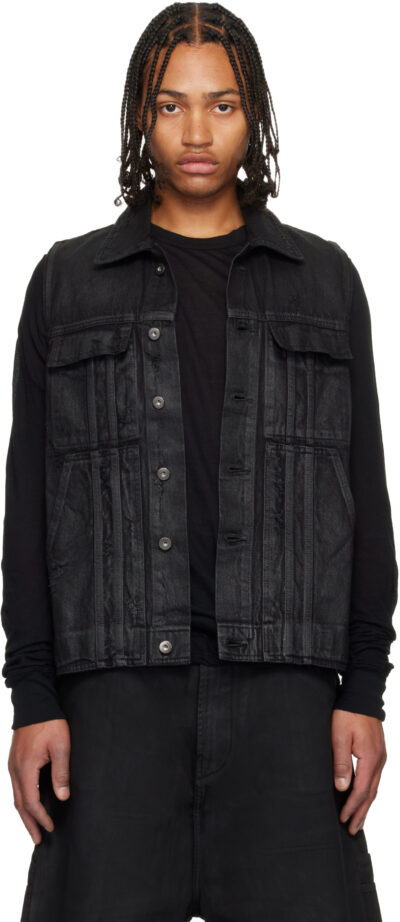 DET BLEV SENT Black Distressed Waxed Denim Vest