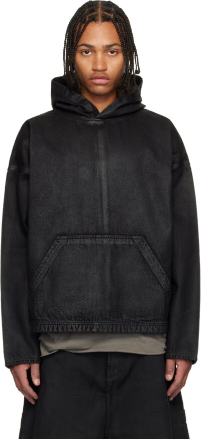 DET BLEV SENT Black Waxed Denim Hoodie
