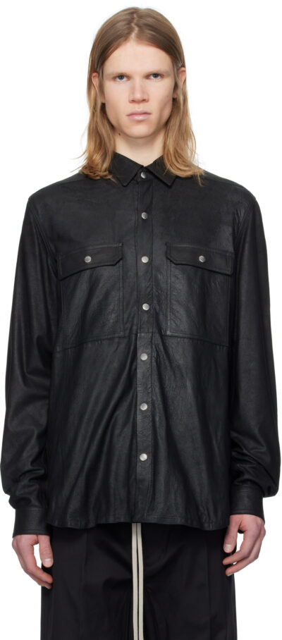 Rick Owens Black Hollywood Megablister Lamb Leather Overshirt