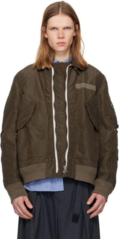 sacai Khaki Treated Nylon Twill Bomber Jacket