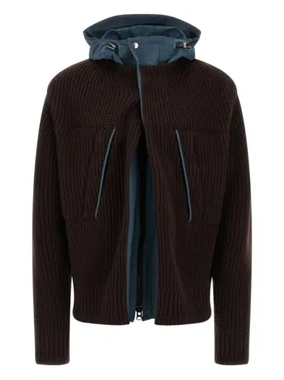 sacai hooded ribbed knit coat - Brown