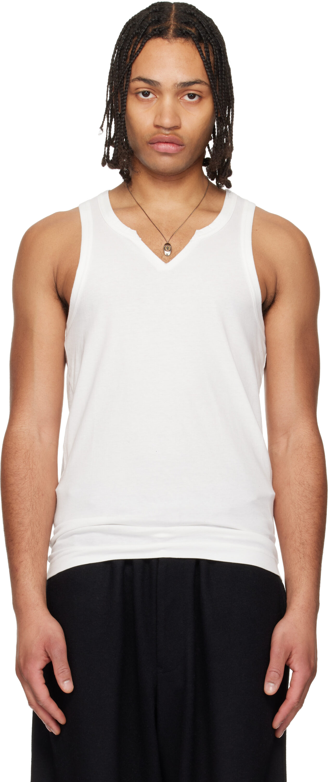 Off-White Single Jersey V Neck Tank Top by YOHJI YAMAMOTO on Sale