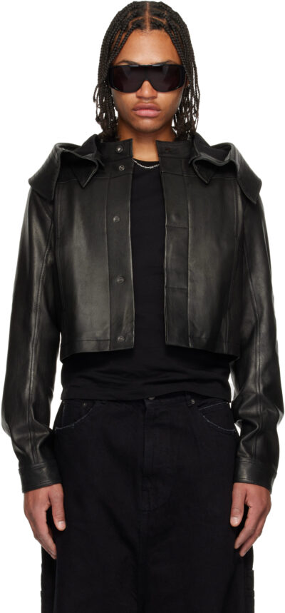 DET BLEV SENT Black Hooded Leather Jacket