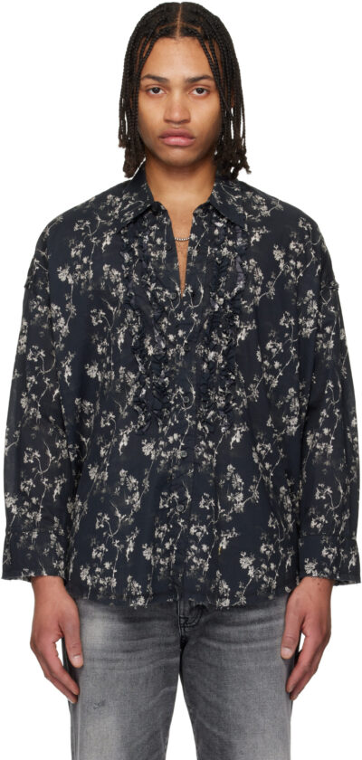 R13 Black Shredded Seam Ruffle Shirt