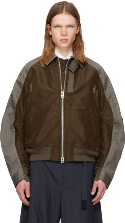 sacai Brown & Gray Cotton Chino & Nylon Twill Bomber Jacket