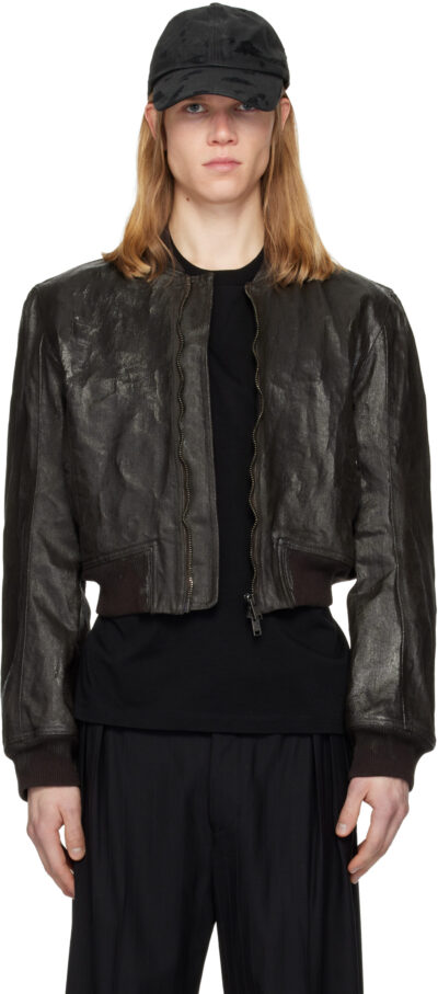 DET BLEV SENT Brown Locust Crack Waxed Denim Bomber Jacket