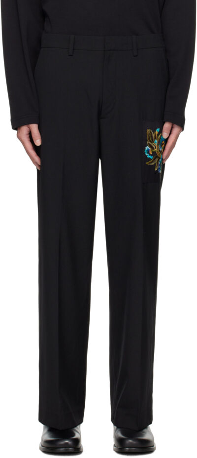 Dries Van Noten Black Embroidered Patch Trousers