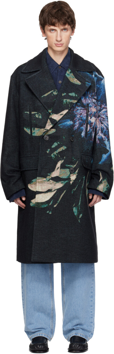 Dries Van Noten Black Jacquard Caban Coat