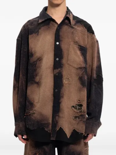 Feng Chen Wang distressed-effect checked shirt - Brown