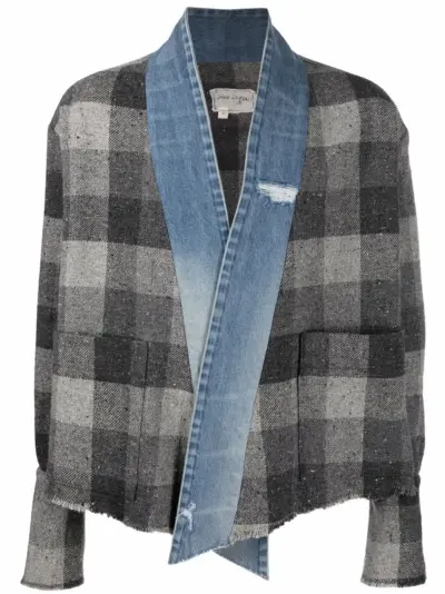 Greg Lauren denim-trim checked shirt jacket - Grey