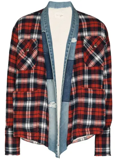 Greg Lauren plaid flannel and denim cardigan - Blue