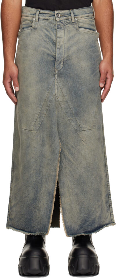 Rick Owens Blue Concordians Slivered Denim Maxi Skirt
