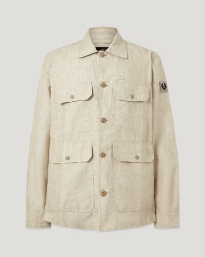 Belstaff Forge Jacket Men's Tumbled Melange Linen Dark Sand Size 2XL
