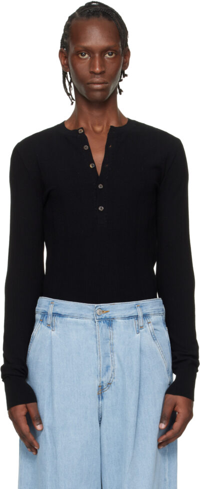 Dries Van Noten Black Rib-Knit Henley