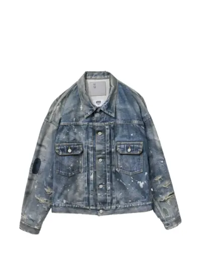 Junya Watanabe MAN paint-splatter distressed denim jacket - Blue