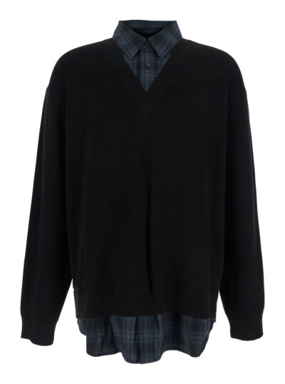 Juun. J Black Sweater with Layered Design and Classic Collar in Cotton Wool Blend Man Jersey - Men