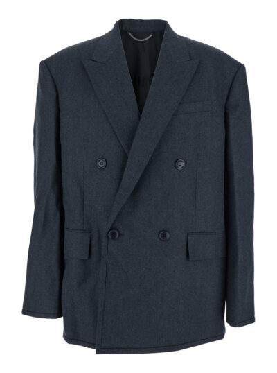 Juun. J Grey Double-breasted Jacket with Peaked Revers and Patch Pockets on Front in Wool Man Blazers - Men