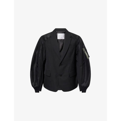 Sacai Mens Sacai Tailored-Contrast Wool-Blend and Nylon Jacket