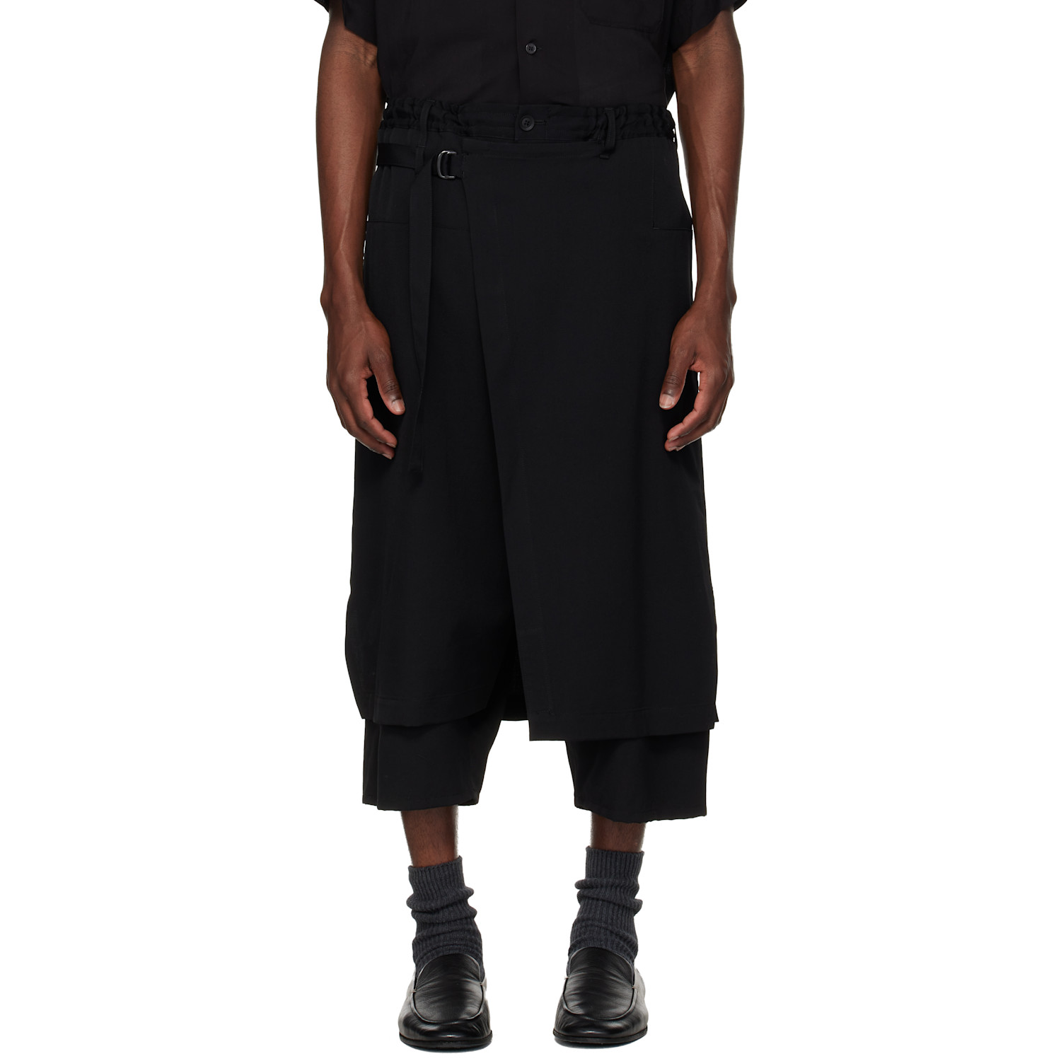 Black Wool Gabardine Standard Wrap Trousers by YOHJI YAMAMOTO on Sale
