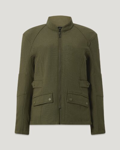 Belstaff Women's Trent Motorcycle Jacket Four Way Stretch Nylon True Olive Size L