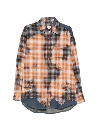 Feng Chen Wang distressed-effect checked shirt - Blue