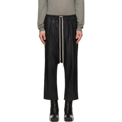 Rick Owens Black Tower Drawstring Cropped Leather Pants