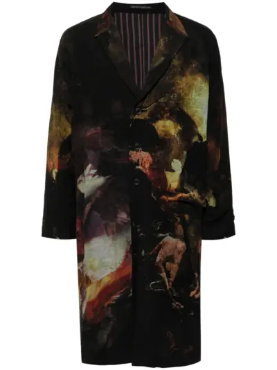 Yohji Yamamoto abstract-print single-breasted coat - Black